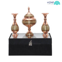 پکیج شکلات خوری (۲۰ سانتیمتری) و دو عدد گلدان صراحی (۱۶ سانتیمتری) مس و خاتم