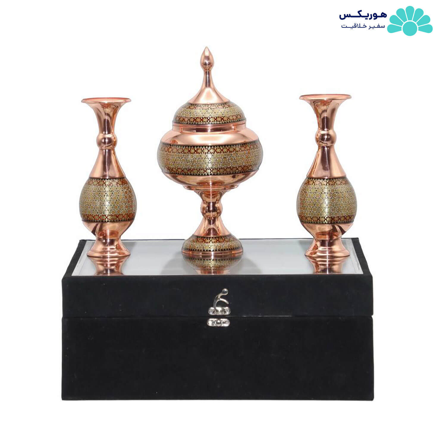 پکیج شکلات خوری (۲۰ سانتیمتری) و دو عدد گلدان صراحی (۱۶ سانتیمتری) مس و خاتم