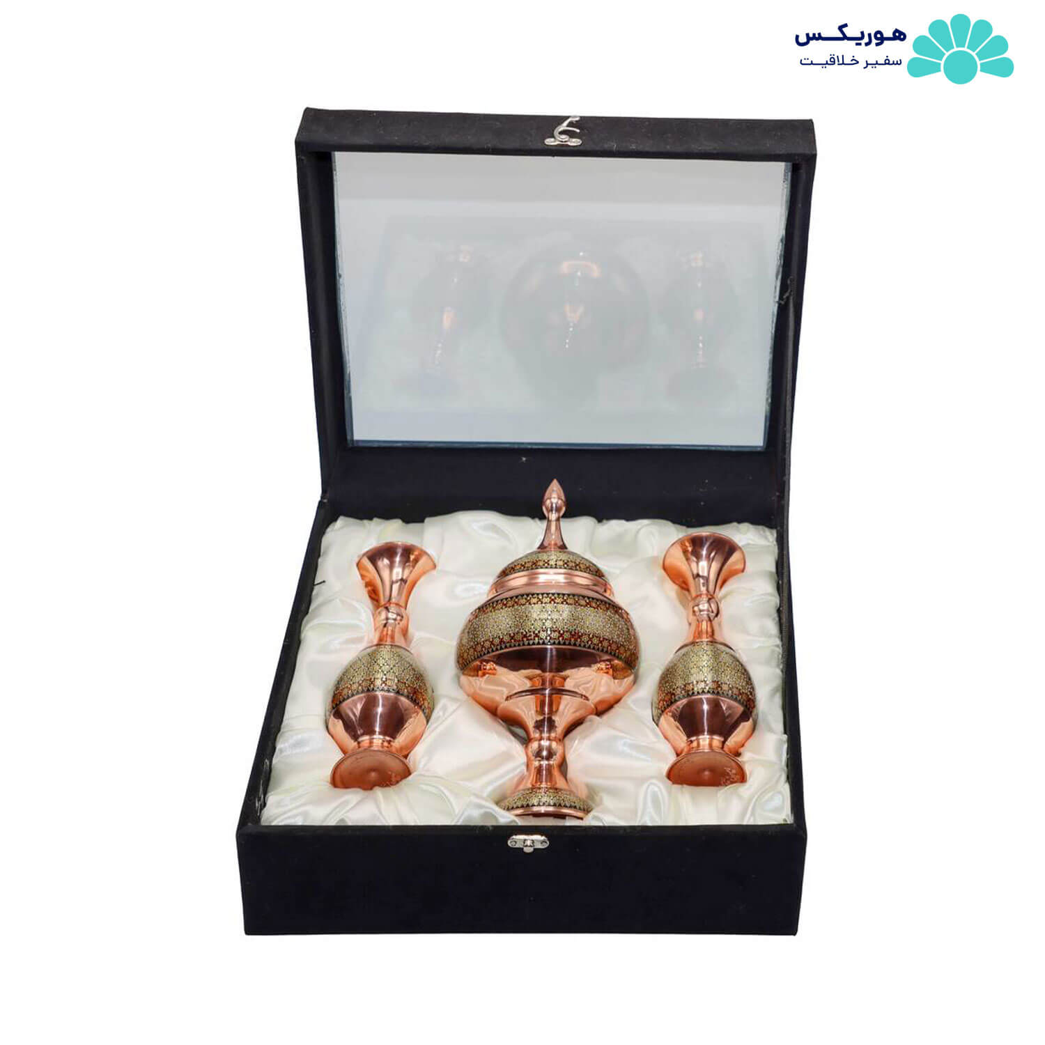 پکیج شکلات خوری (۲۰ سانتیمتری) و دو عدد گلدان صراحی (۱۶ سانتیمتری) مس و خاتم - تصویر 2