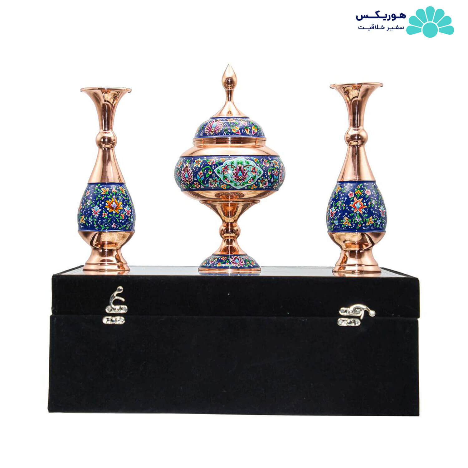 پکیج شکلات خوری (۲۲ سانتیمتری) و دو عدد گلدان صراحی (۲۰ سانتیمتری) مس و نقاشی