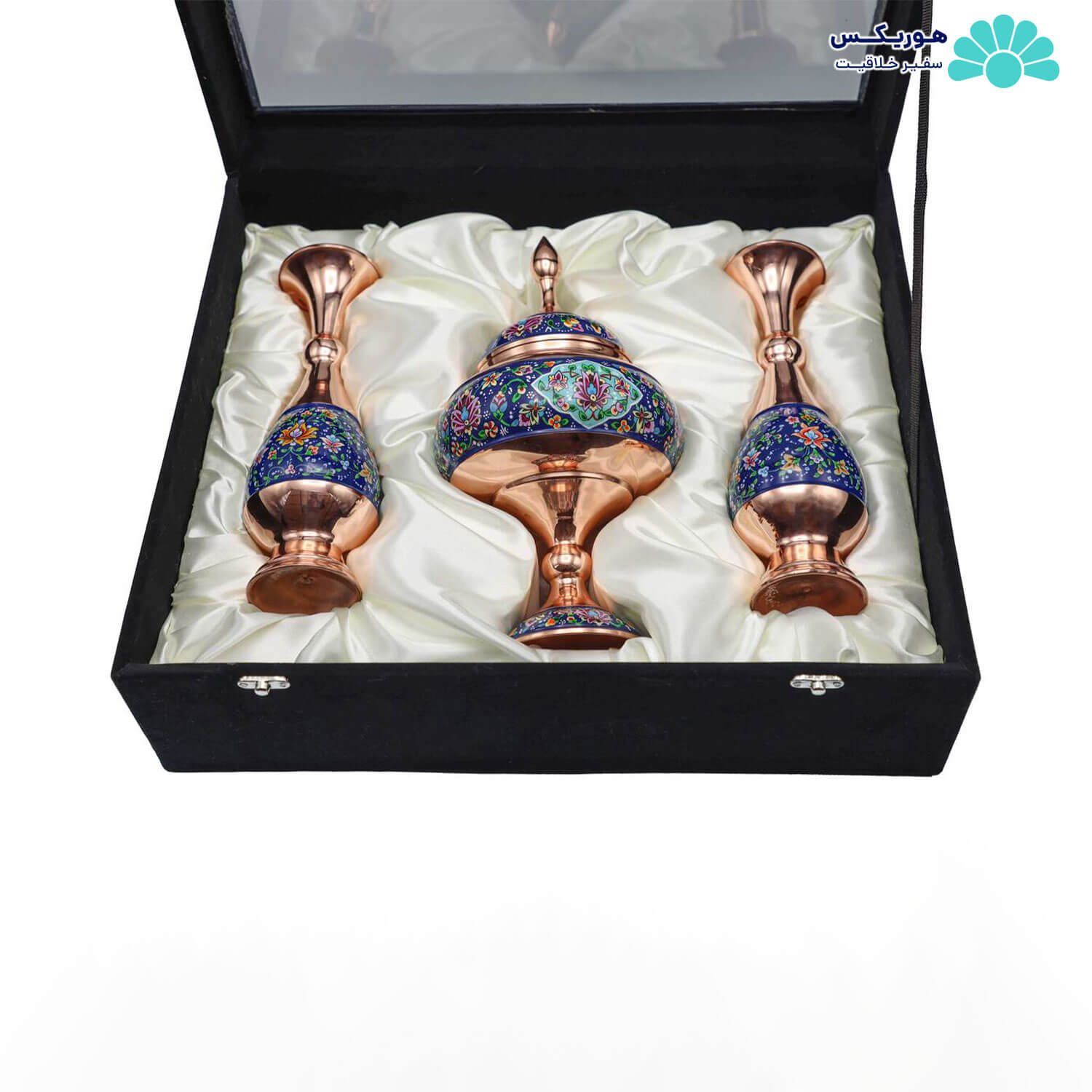 پکیج شکلات خوری (۲۲ سانتیمتری) و دو عدد گلدان صراحی (۲۰ سانتیمتری) مس و نقاشی - تصویر 2